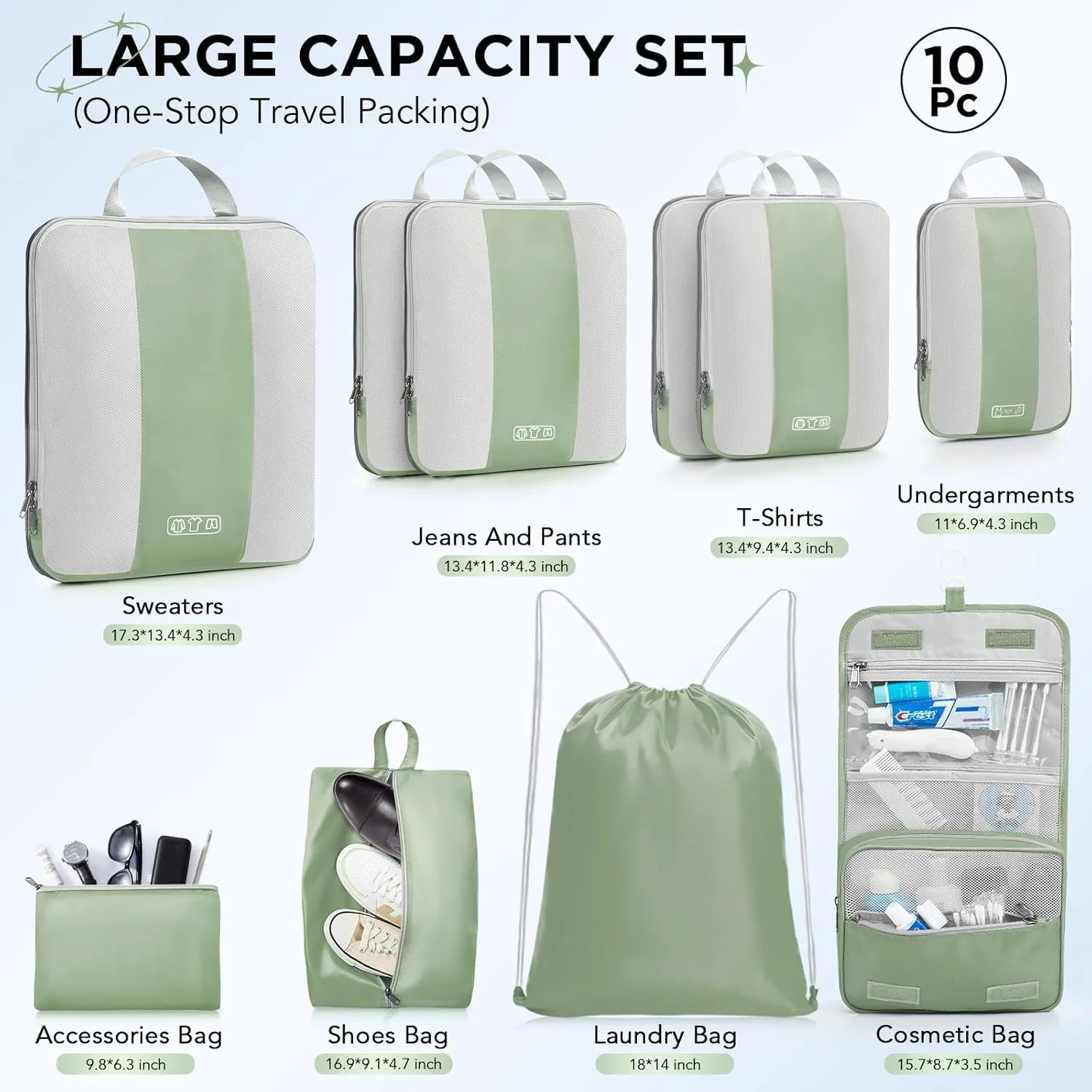 10 Set Compression Packing Cubes for Travel Essentials,Compressible Expandable Packing Cubes for Suitcase,OlarHike Luggage Organizer Bags for Travel,Handy Helper for Organizing Clothes(Matcha Green)