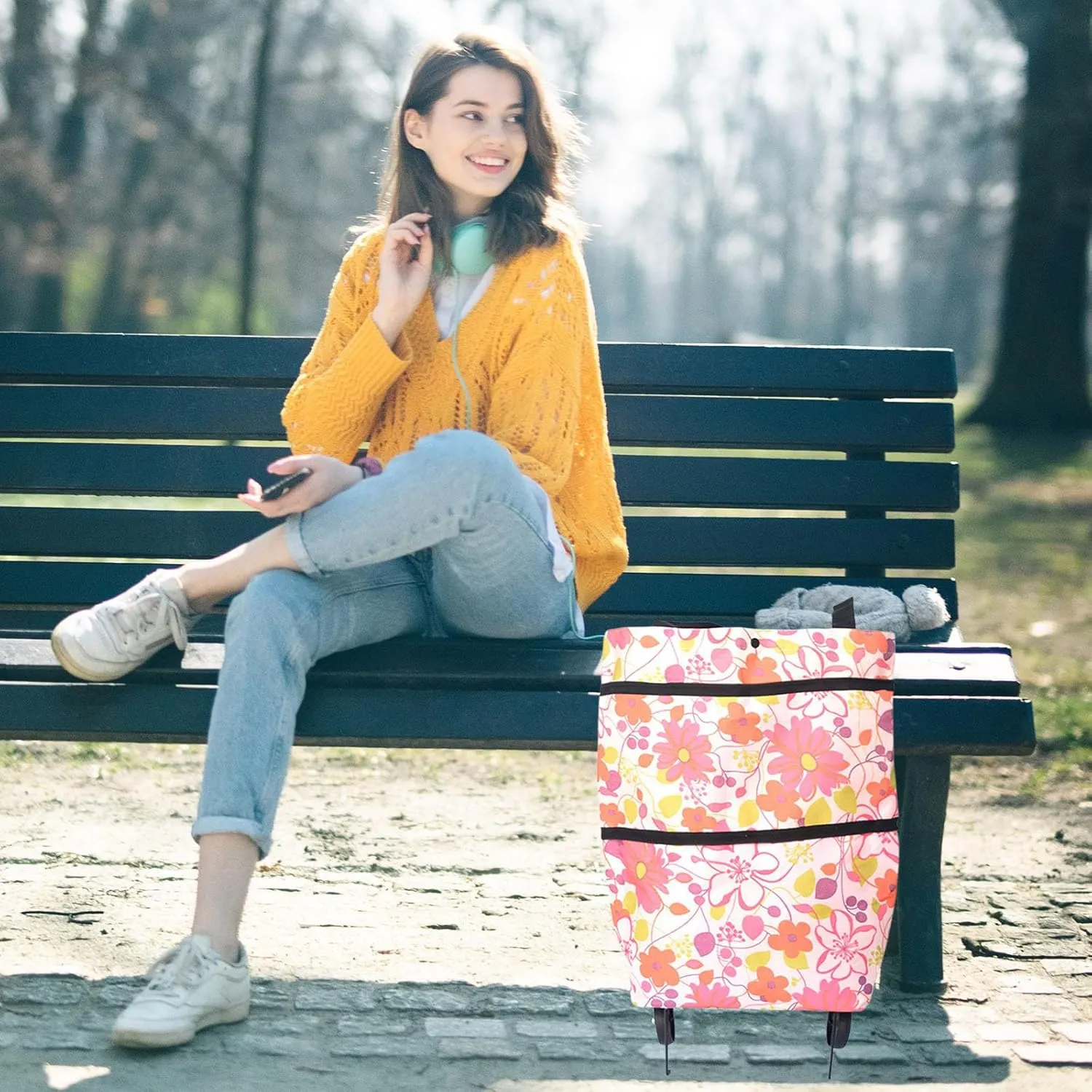 2 In 1 Lightweight Collapsible Shopping Portable Grocery Bags Rolling Tote Bag with Wheels Waterproof Foldable Cart