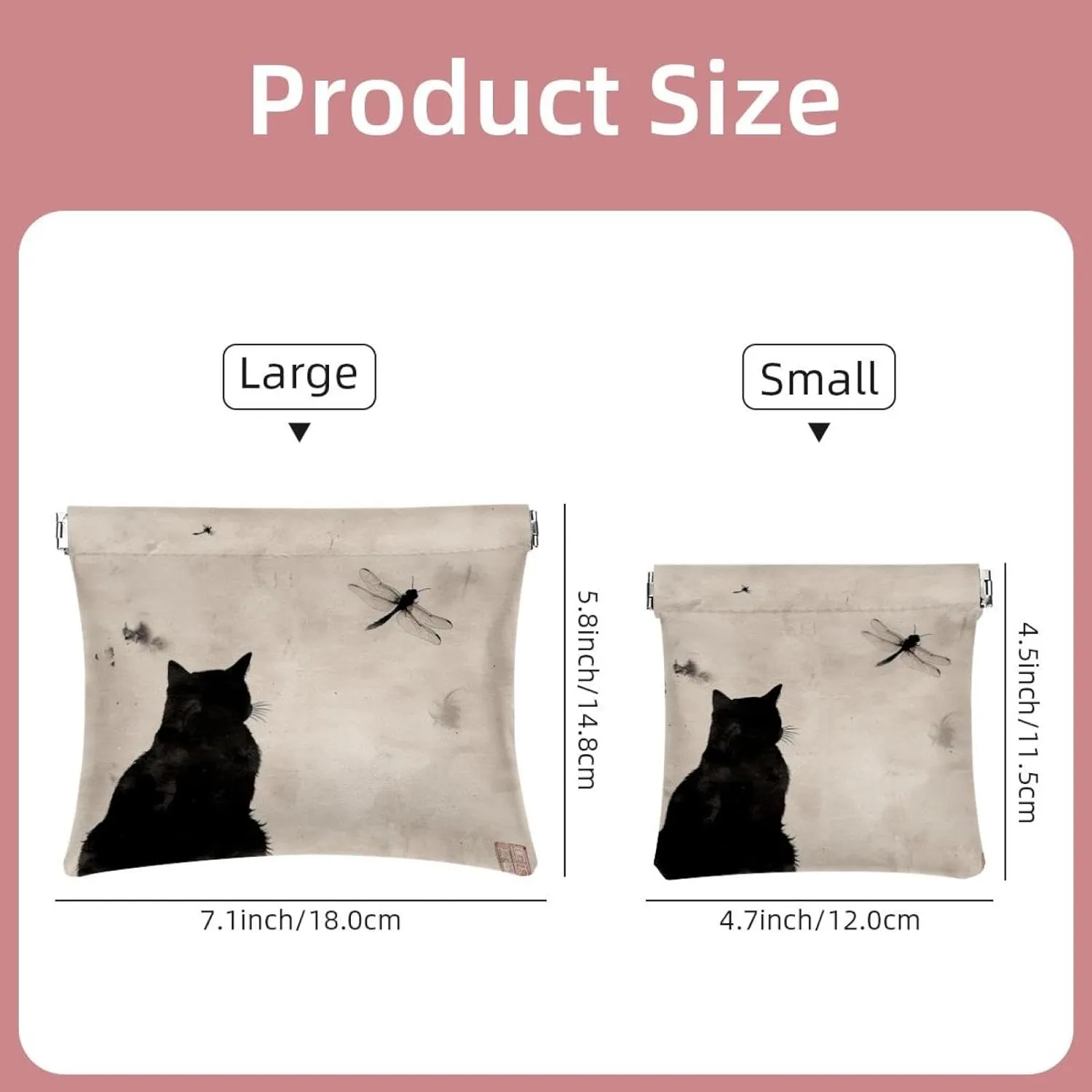 2 PCS Faux Leather Makeup Bag Set, Small Travel Kit Storage Pouch, Self-Closing Makeup Pouch for Women, Travel Makeup Bag for Cosmetics Jewelry, Ink Painting Black Cat Dragonfly Animal