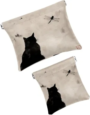 2 PCS Faux Leather Makeup Bag Set, Small Travel Kit Storage Pouch, Self-Closing Makeup Pouch for Women, Travel Makeup Bag for Cosmetics Jewelry, Ink Painting Black Cat Dragonfly Animal