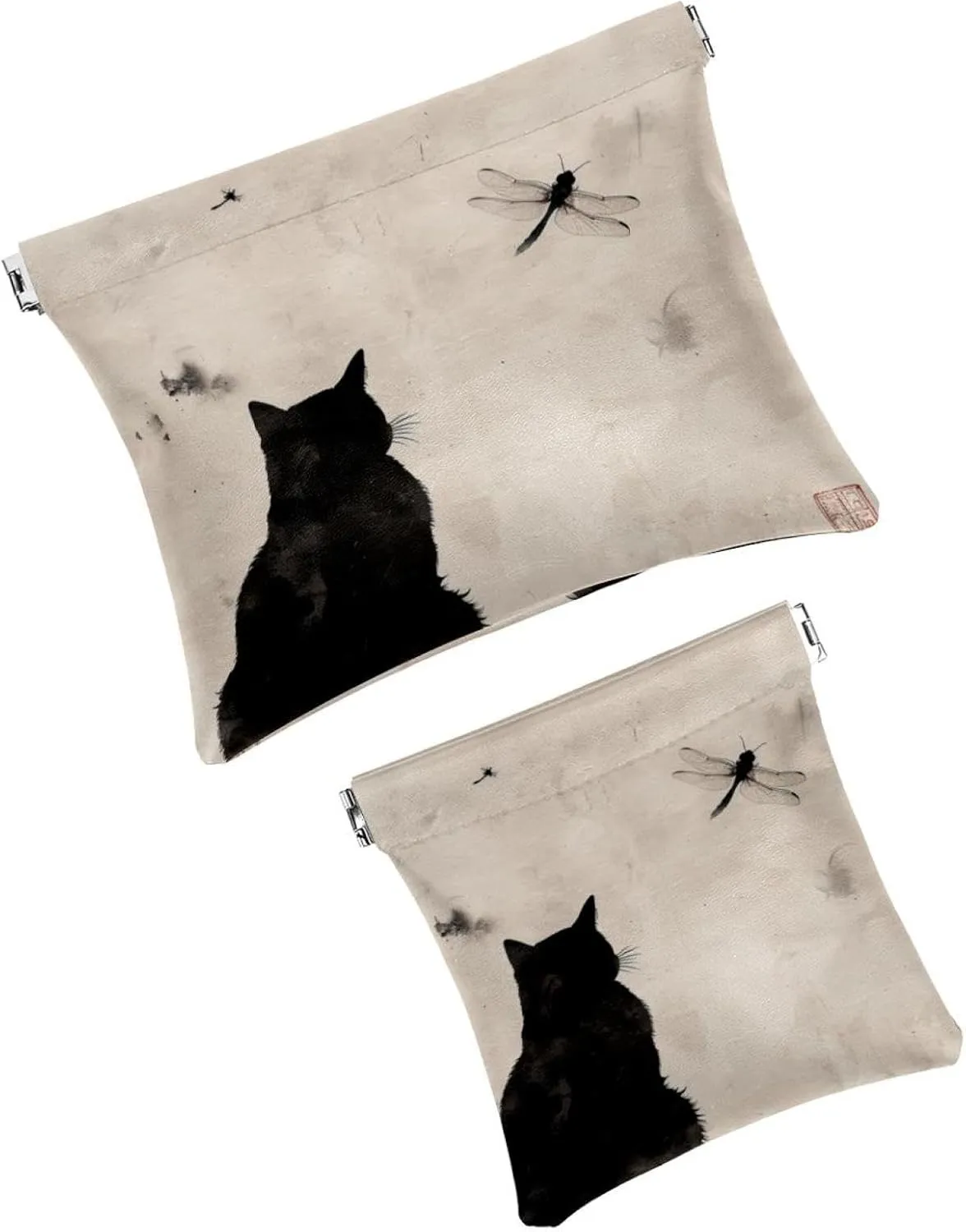 2 PCS Faux Leather Makeup Bag Set, Small Travel Kit Storage Pouch, Self-Closing Makeup Pouch for Women, Travel Makeup Bag for Cosmetics Jewelry, Ink Painting Black Cat Dragonfly Animal