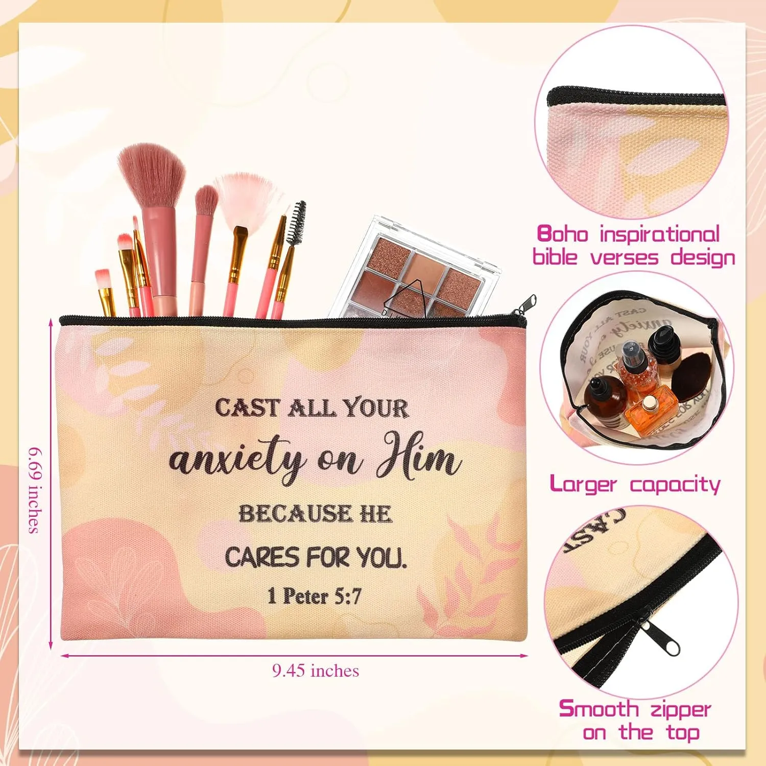 24 Pcs Christian Makeup Bag Bible Cosmetic Bags Inspirational Bible Verse Toiletry Pouches Canvas Motivational Pouches with Zipper for Women Organize Cosmetics Toiletries Stationery(Boho)