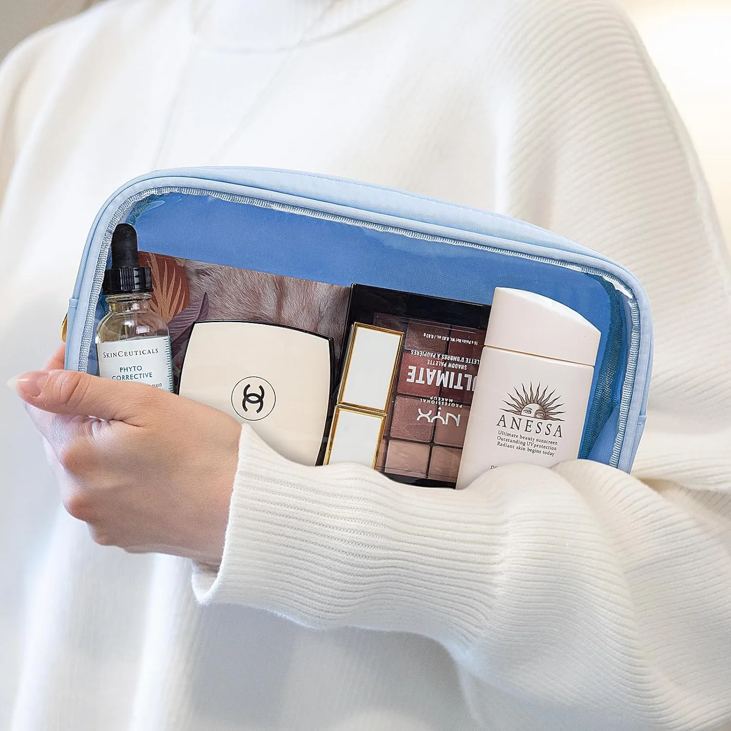 2Pcs Clear Makeup Bag Organizers Storage,Cute Cosmetic Bag Small Pouch Purse Preppy Mini TSA Approved Travel Toiletry Bag Makeup Organization Car Accessories Essentials for Women Girls(Blue Set)