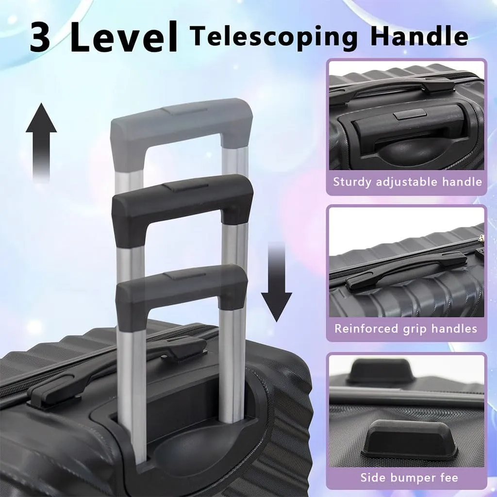 3 Piece Hard Shell Luggage, Modern Lightweight Suitcase with Hooks and Spinner Wheels ABS Lightweights Checked with Password Lock and Telescopic Rod for Business Travel Domestic Foreign Travel