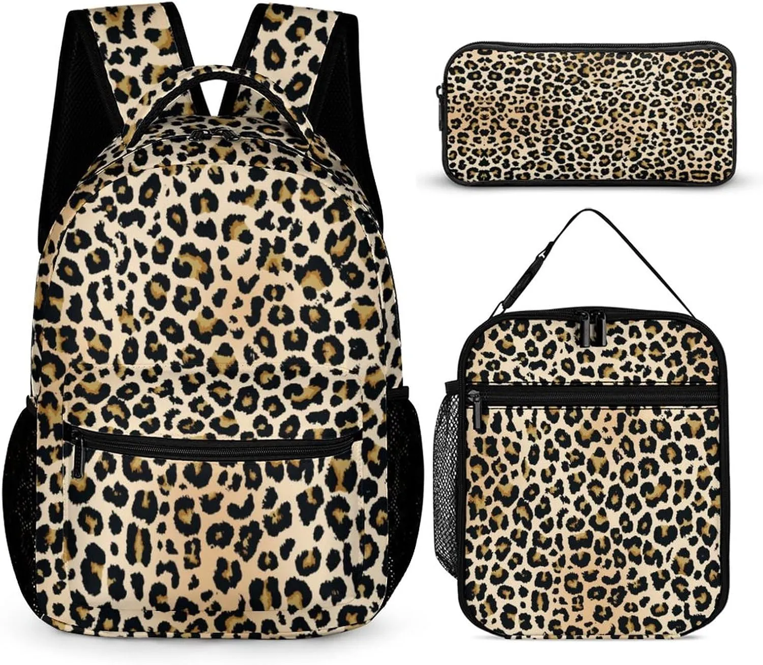 3PCS Classic Leopard Backpack Set, Lightweight Durable Daypack Cute Laptop Bag with Lunch Bags, Stylish Shoulders Backpack with Multiple Pockets(Classic Leopard)