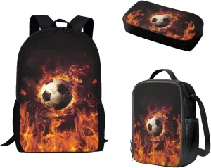 AFPANQZ Flams Soccer Print School Backpack Rucksack Mulit Functional Daypack   Cooler Lunch Bags Insulated Heat Lunch Box   Pencil Case for Teenager Boys Multi-Pocket for Kids Student