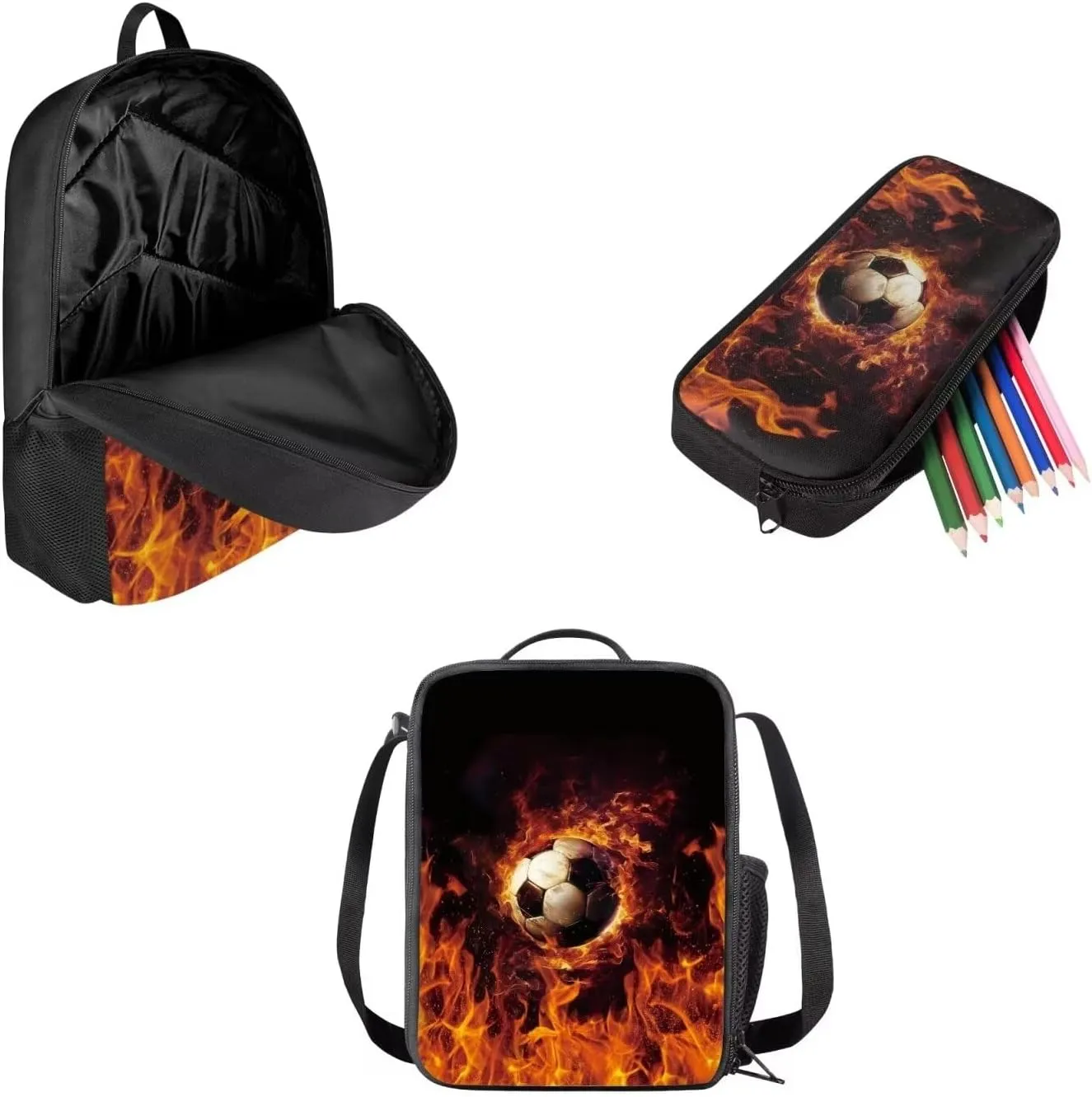 AFPANQZ Flams Soccer Print School Backpack Rucksack Mulit Functional Daypack   Cooler Lunch Bags Insulated Heat Lunch Box   Pencil Case for Teenager Boys Multi-Pocket for Kids Student