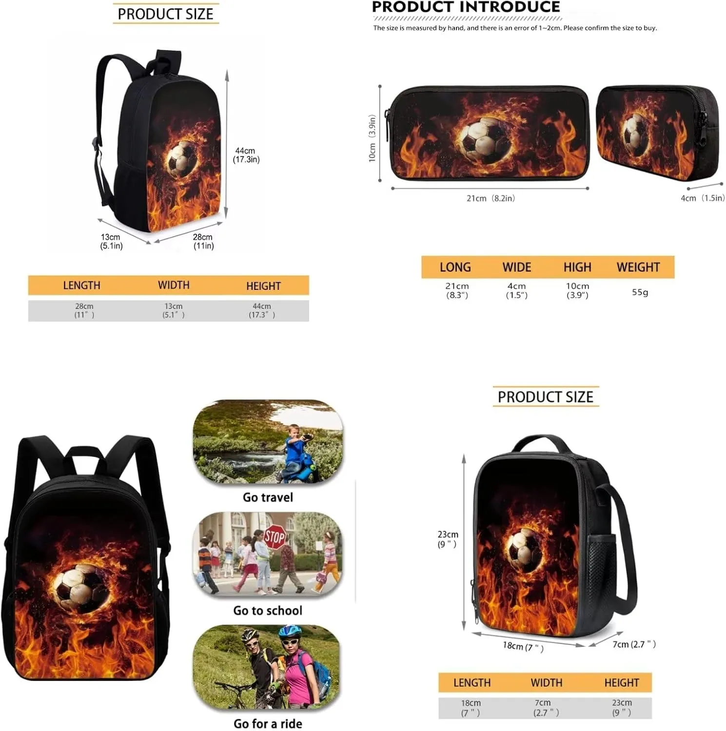AFPANQZ Flams Soccer Print School Backpack Rucksack Mulit Functional Daypack   Cooler Lunch Bags Insulated Heat Lunch Box   Pencil Case for Teenager Boys Multi-Pocket for Kids Student