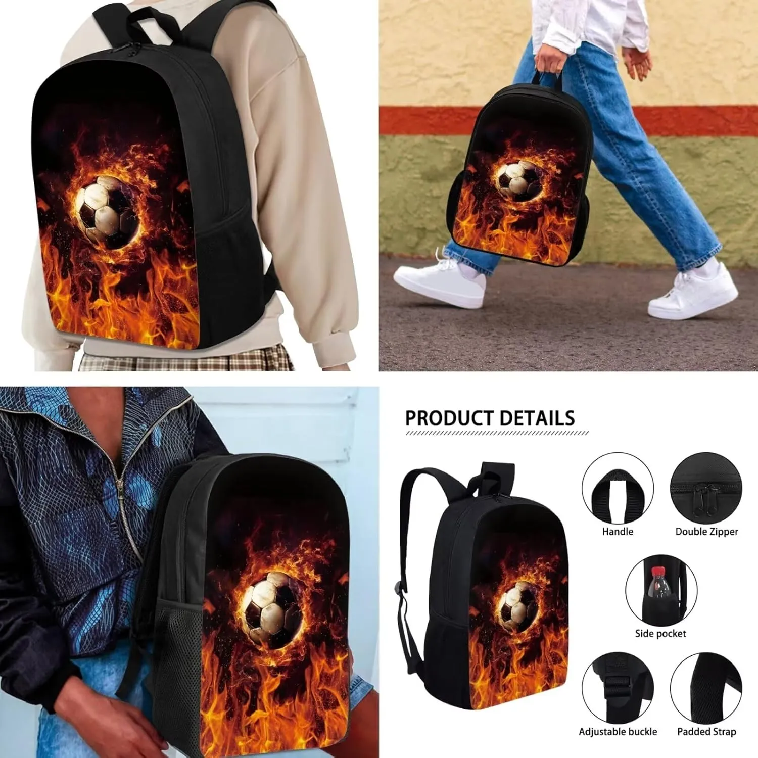 AFPANQZ Flams Soccer Print School Backpack Rucksack Mulit Functional Daypack   Cooler Lunch Bags Insulated Heat Lunch Box   Pencil Case for Teenager Boys Multi-Pocket for Kids Student