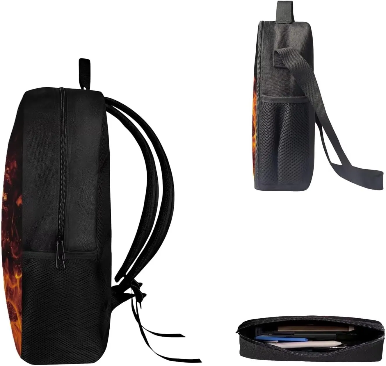 AFPANQZ Flams Soccer Print School Backpack Rucksack Mulit Functional Daypack   Cooler Lunch Bags Insulated Heat Lunch Box   Pencil Case for Teenager Boys Multi-Pocket for Kids Student