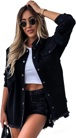 Anna-Kaci Women's Classic Distressed Denim Jacket Long Sleeve Ripped Boyfriend Jean Jackets