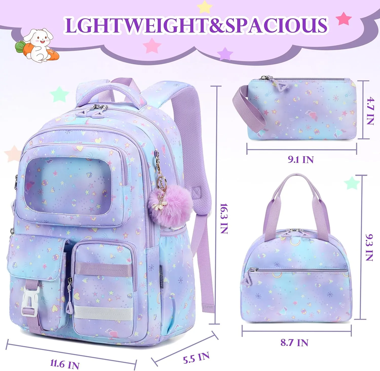 AO ALI VICTORY Backpack for Girls with Lunch Bag Pencil Case Kids School Bags for Kindergarten Elementary Middle Primary Schoolbag Cute 16 inch Laptop Bookbag Students 3 PCS Cute Bookbag, Purple Set