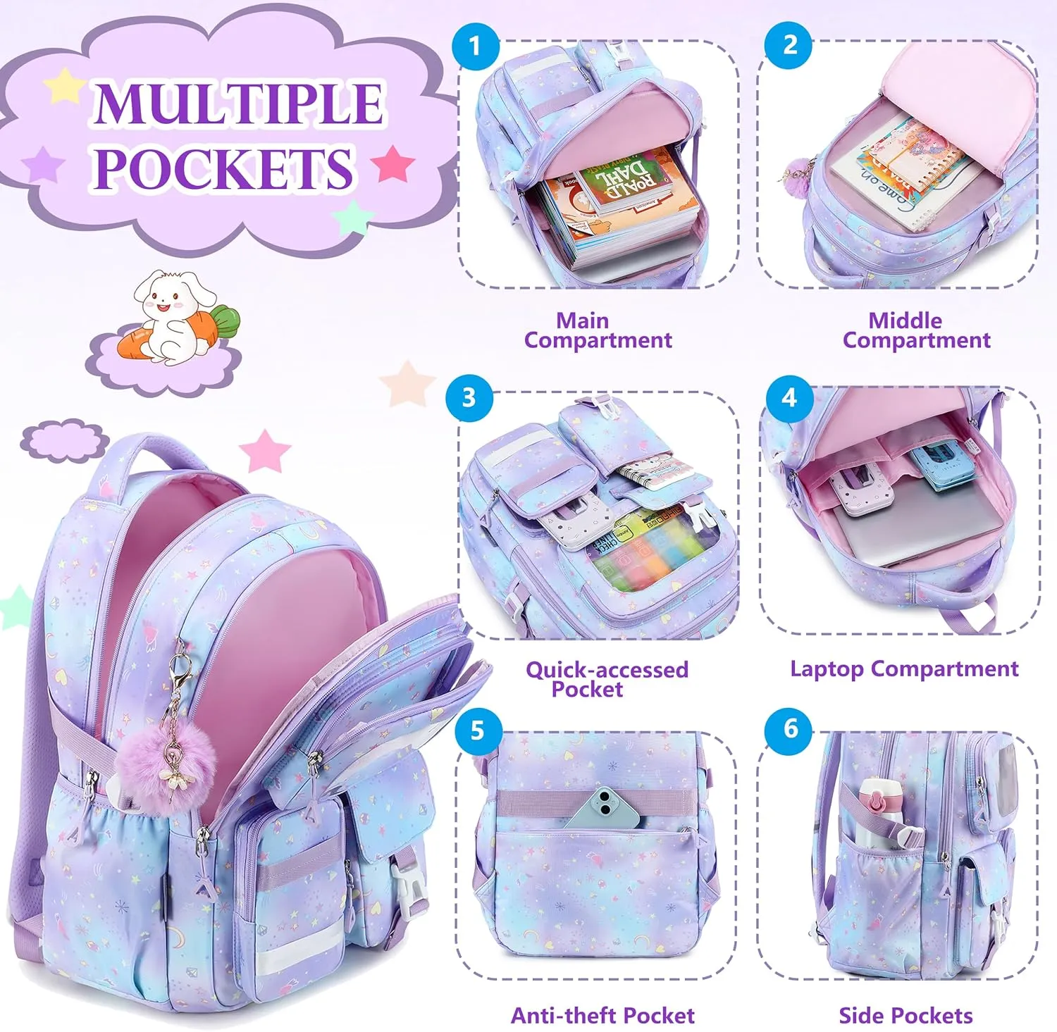 AO ALI VICTORY Backpack for Girls with Lunch Bag Pencil Case Kids School Bags for Kindergarten Elementary Middle Primary Schoolbag Cute 16 inch Laptop Bookbag Students 3 PCS Cute Bookbag, Purple Set
