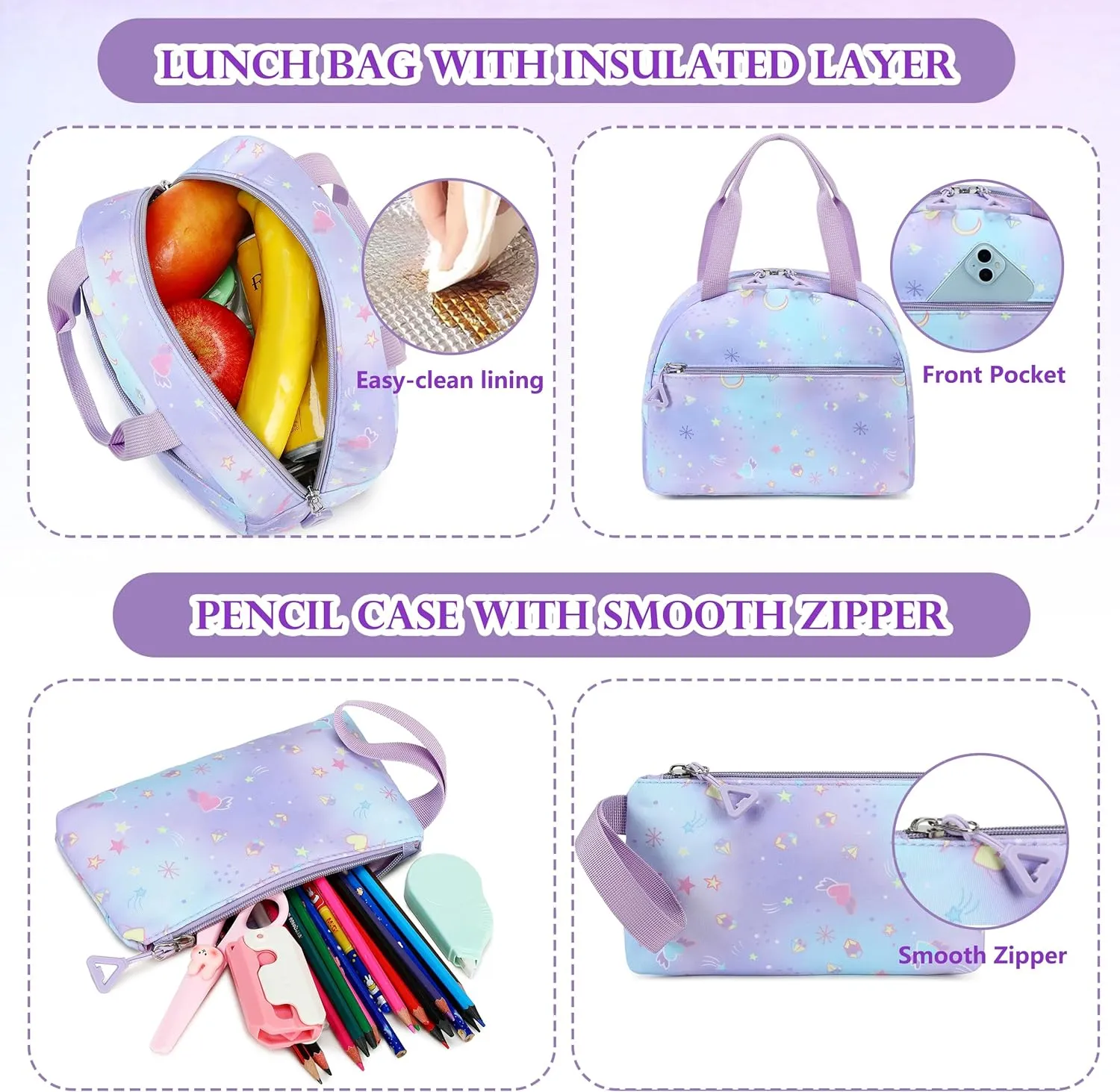 AO ALI VICTORY Backpack for Girls with Lunch Bag Pencil Case Kids School Bags for Kindergarten Elementary Middle Primary Schoolbag Cute 16 inch Laptop Bookbag Students 3 PCS Cute Bookbag, Purple Set