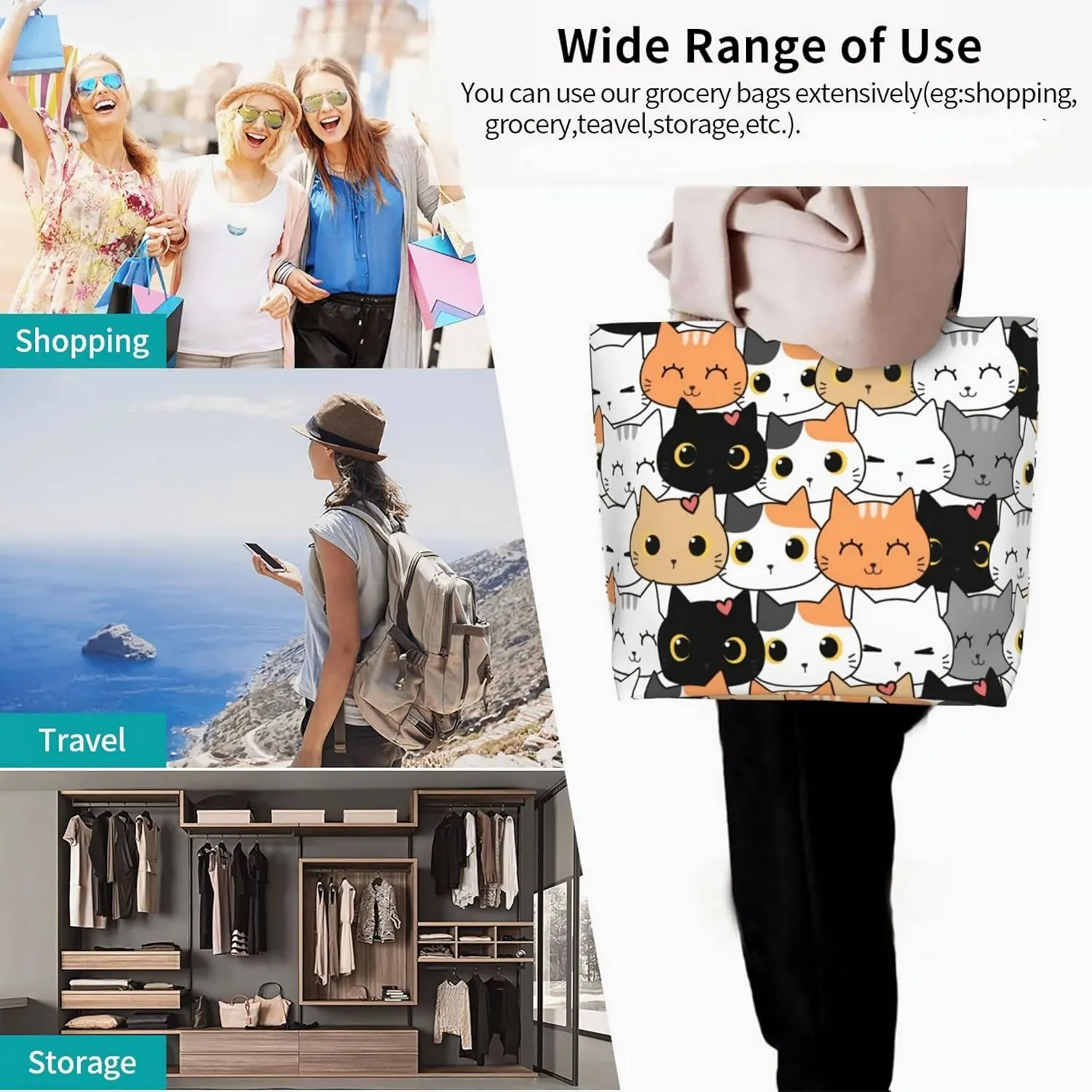 ASYG Cat Tote - Cute Large Shoulder Bag, Casual Reusable Handbag for Women, Shopping & Grocery Work Bag
