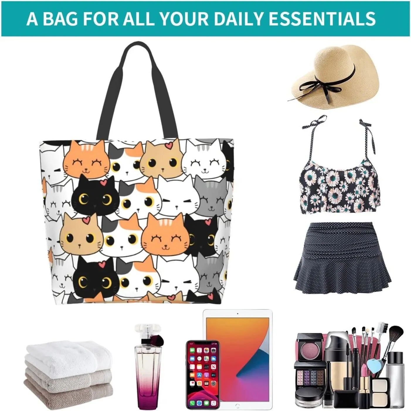 ASYG Cat Tote - Cute Large Shoulder Bag, Casual Reusable Handbag for Women, Shopping & Grocery Work Bag