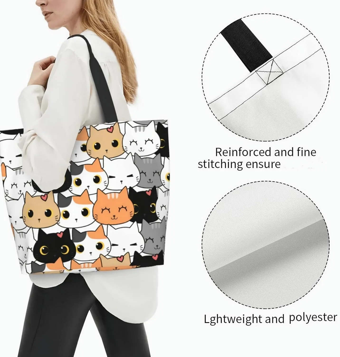 ASYG Cat Tote - Cute Large Shoulder Bag, Casual Reusable Handbag for Women, Shopping & Grocery Work Bag