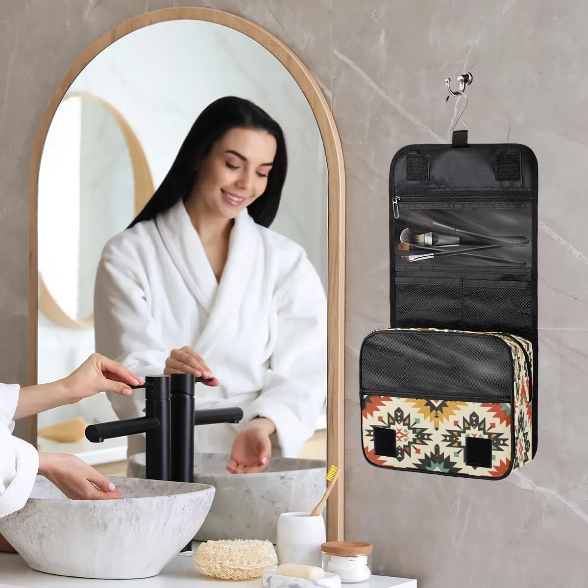 Aztec Boho Hanging Toiletry Bag for Women Travel Makeup Bag Cosmetic Organizer Travel Toiletries Bag for Men