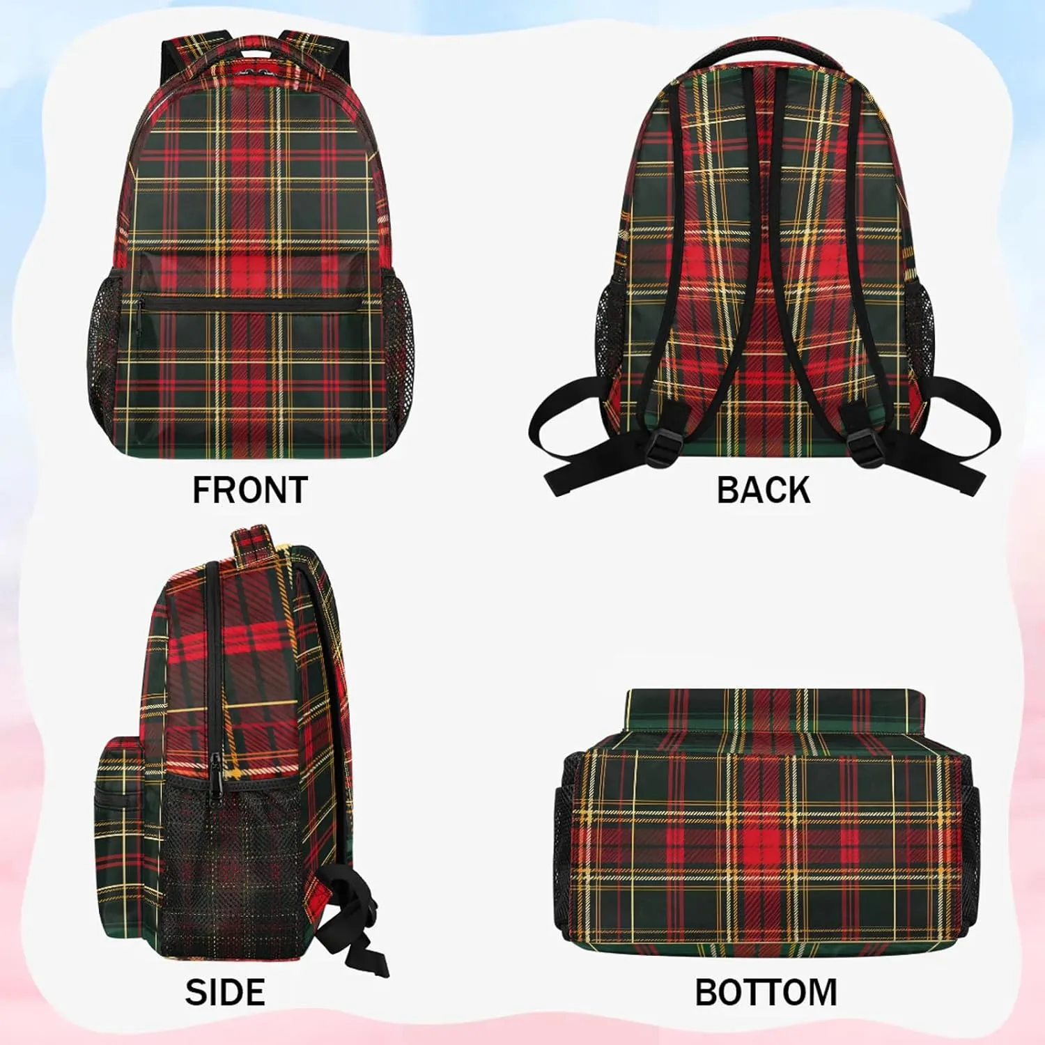 Backpack Christmas Tartan Book Bags Laptop Backpacks Lightweight Multipurpose Daypack for Men Women Travel Hiking