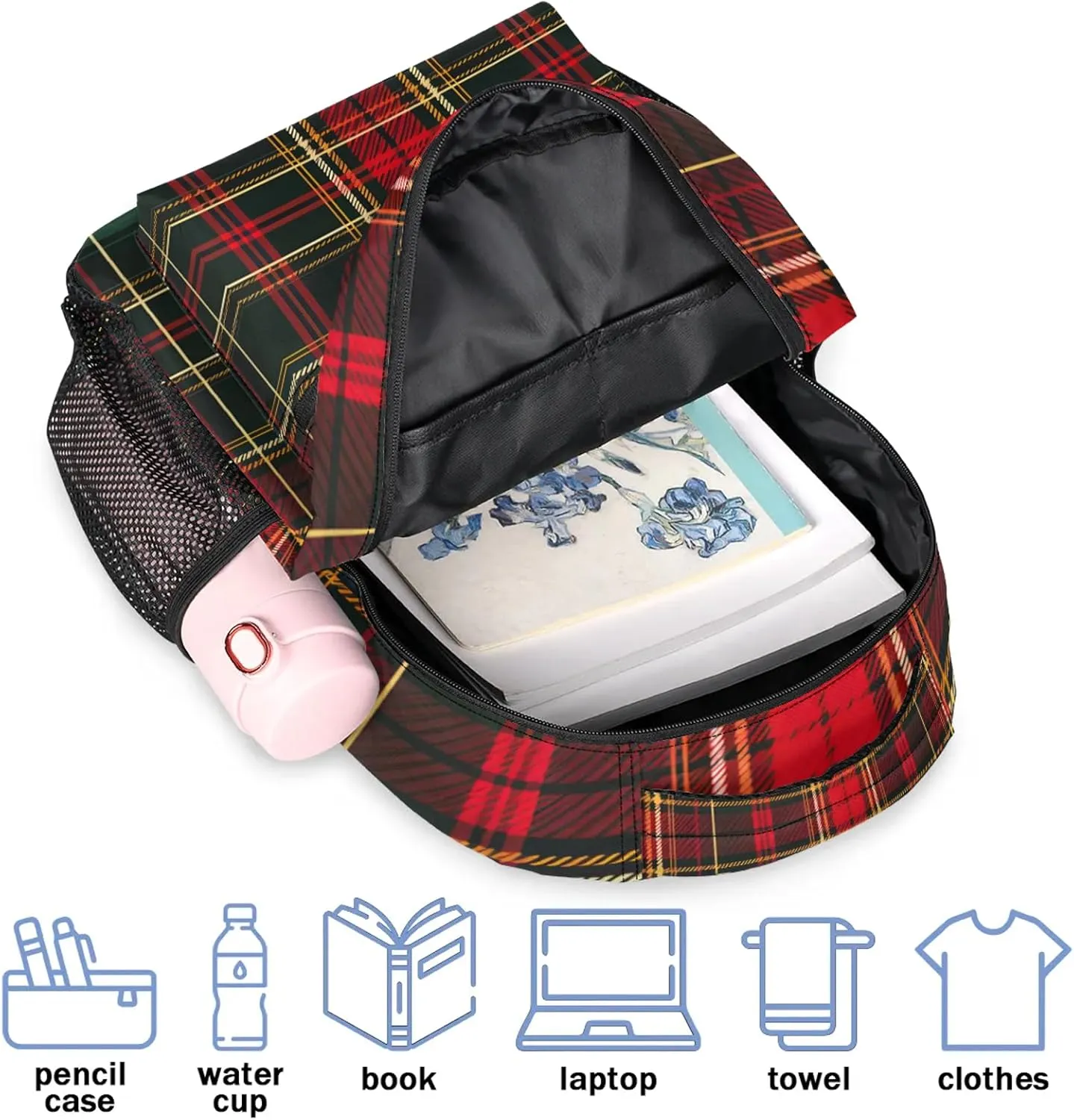 Backpack Christmas Tartan Book Bags Laptop Backpacks Lightweight Multipurpose Daypack for Men Women Travel Hiking
