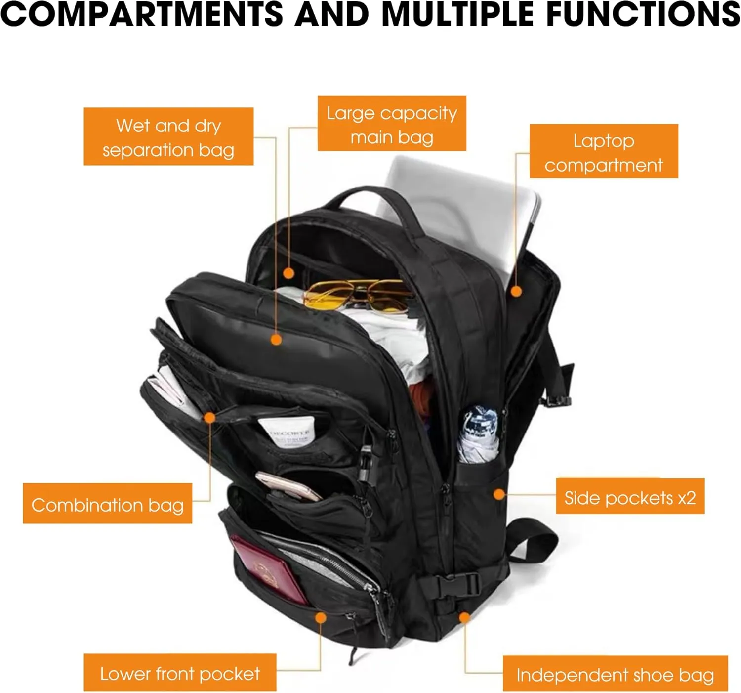 Backpack Travel Business Backpack for Men Women WaterProof Fit for 15.6 Inch Laptop, Multiple Compartment (Extra Shoe, Laptop Compartment, Black, 45L)