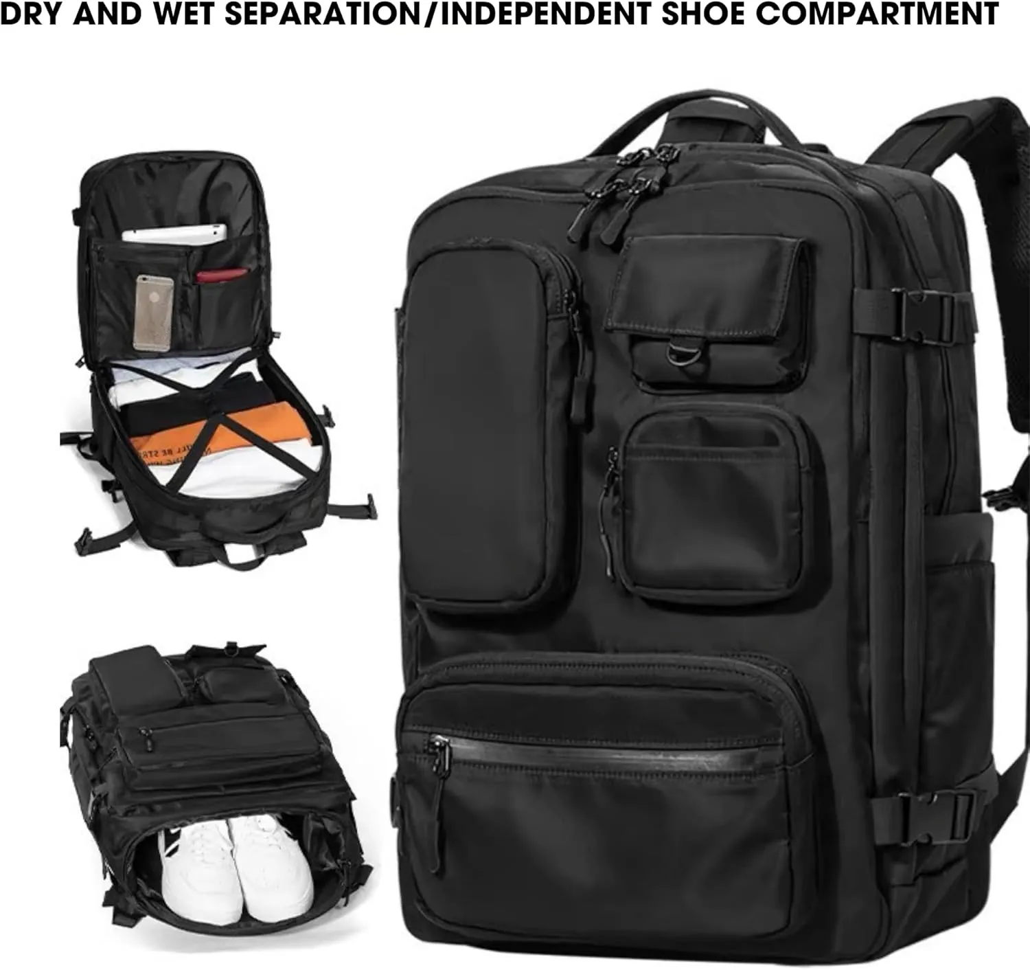 Backpack Travel Business Backpack for Men Women WaterProof Fit for 15.6 Inch Laptop, Multiple Compartment (Extra Shoe, Laptop Compartment, Black, 45L)