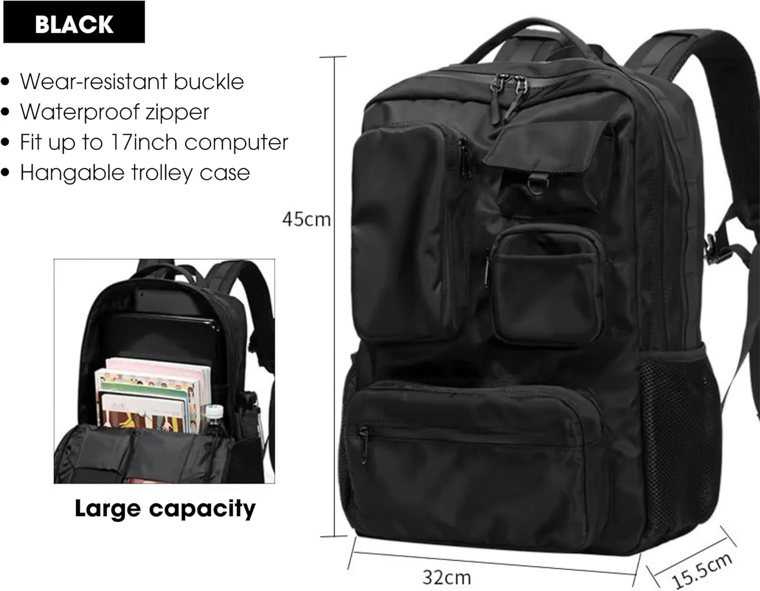 Backpack Travel Business Backpack for Men Women WaterProof Fit for 15.6 Inch Laptop, Multiple Compartment (Extra Shoe, Laptop Compartment, Black, 45L)
