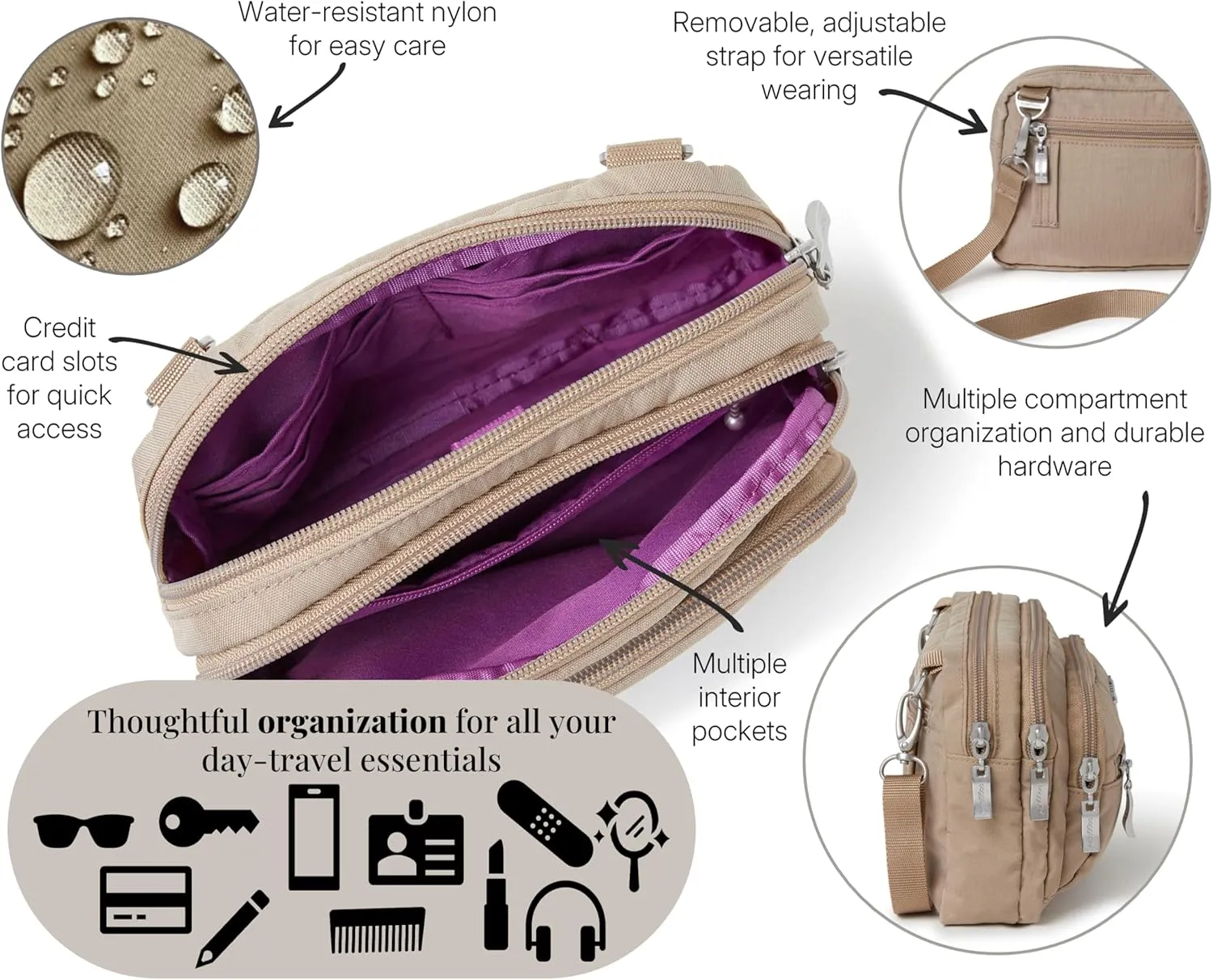Baggallini Triple Zip Small Crossbody Bag