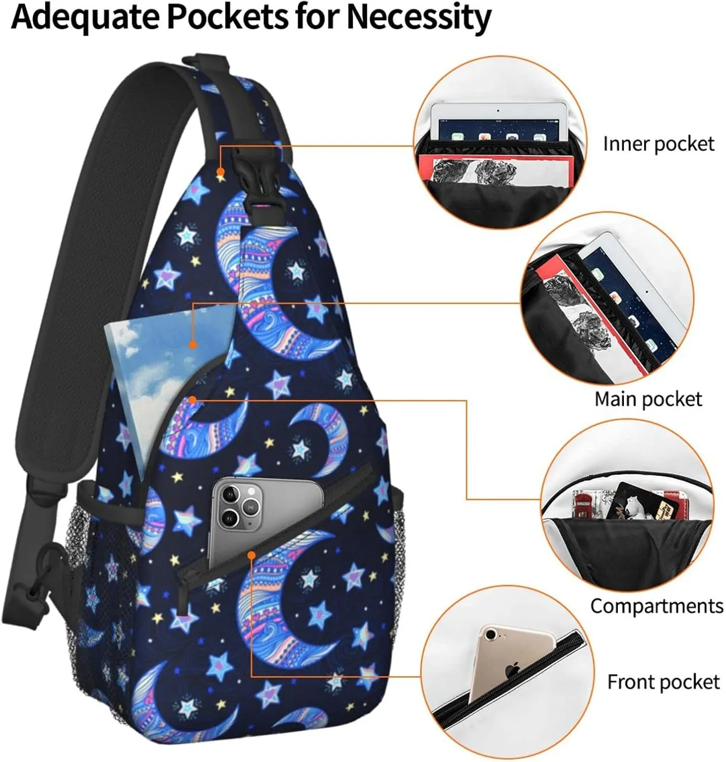 bassyil Blue Moon Sling Bag Crossbody Travel Hiking Chest Backpack Shoulder Daypack for Women Men