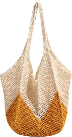 Beach Crochet Bag for Women, Aesthetic Hobo Mesh Woven Tote Simple Modern Trendy Bags for Summer Vacation Picnic Travel