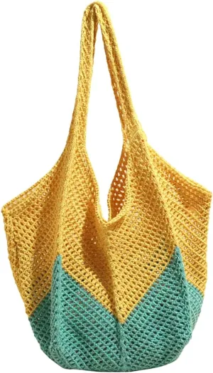 Beach Crochet Bag for Women, Aesthetic Hobo Mesh Woven Tote Simple Modern Trendy Bags for Summer Vacation Picnic Travel