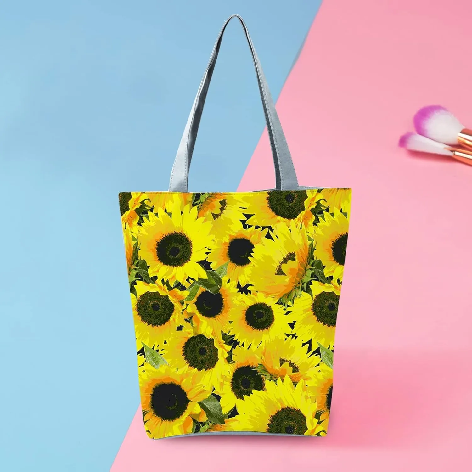 Beach Tote Bag Sunflower Printed Canvas Women's Casual Large Zippered Shoulder Bag For Outdoor Beach Travel Essential E