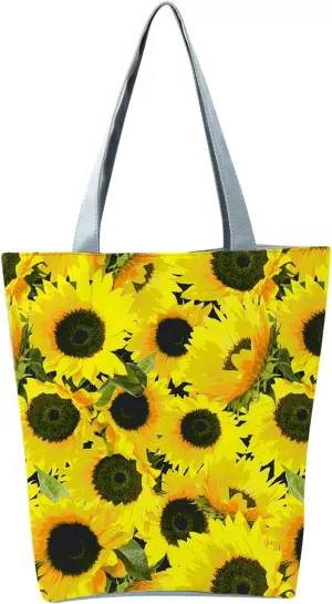 Beach Tote Bag Sunflower Printed Canvas Women's Casual Large Zippered Shoulder Bag For Outdoor Beach Travel Essential E