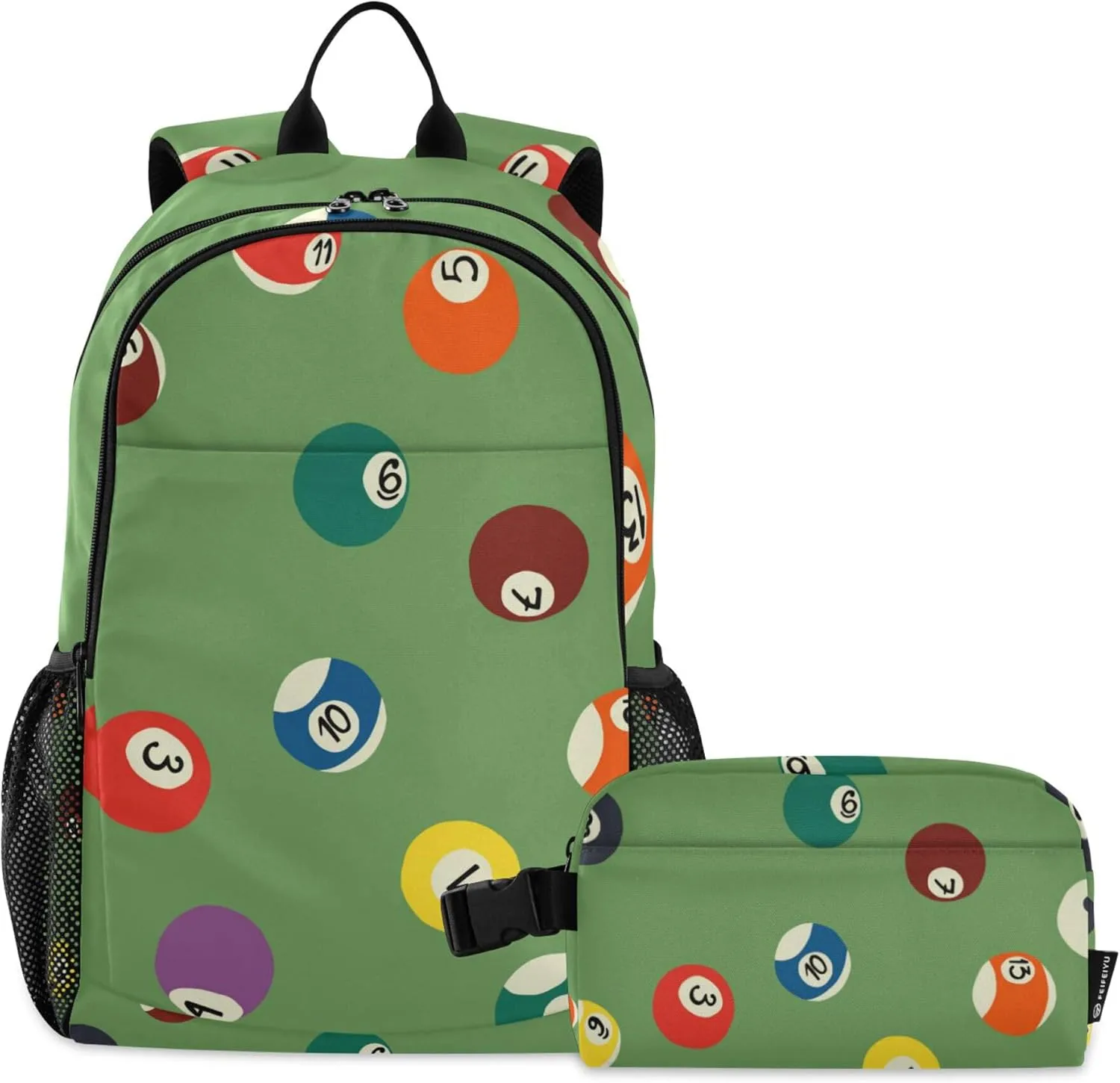 Billiard Ball Green Backpack with Lunch Bag, School Backpack for Teens Boys Girls Kids Travel Backpacks Set