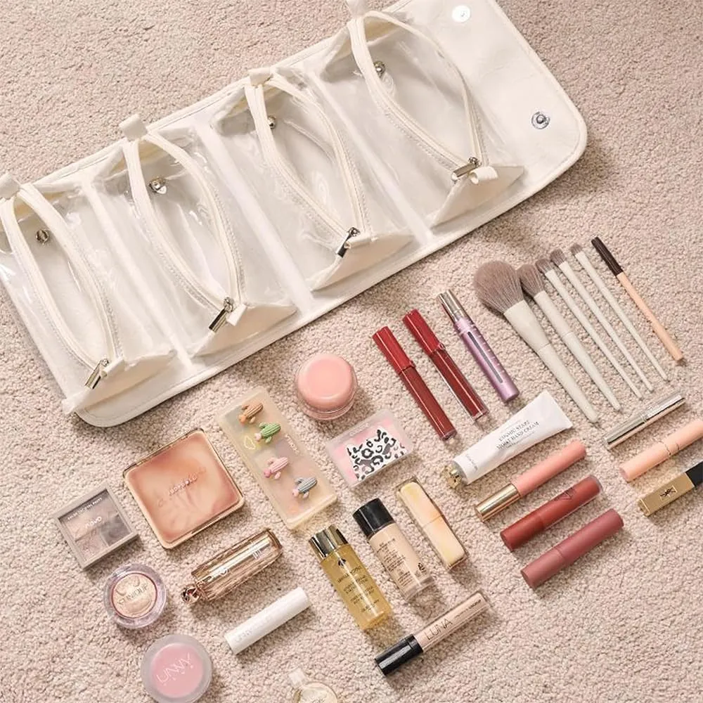 Binozinco Cosmetic Bag, 4-in-1 Leather Waterproof Cosmetic Bag, Detachable Clear Multi Compartment Hanging Makeup Bag, Large Capacity Portable Foldable Hanging Cosmetic Travel Bag (White)
