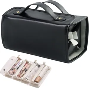 Binozinco Cosmetic Bag,4 in 1 Leather Waterproof Cosmetic Bag,Detachable Clear Multi Compartment Hanging Makeup Bag, Large Capacity Portable Foldable Hanging Cosmetic Travel Bag (Black)