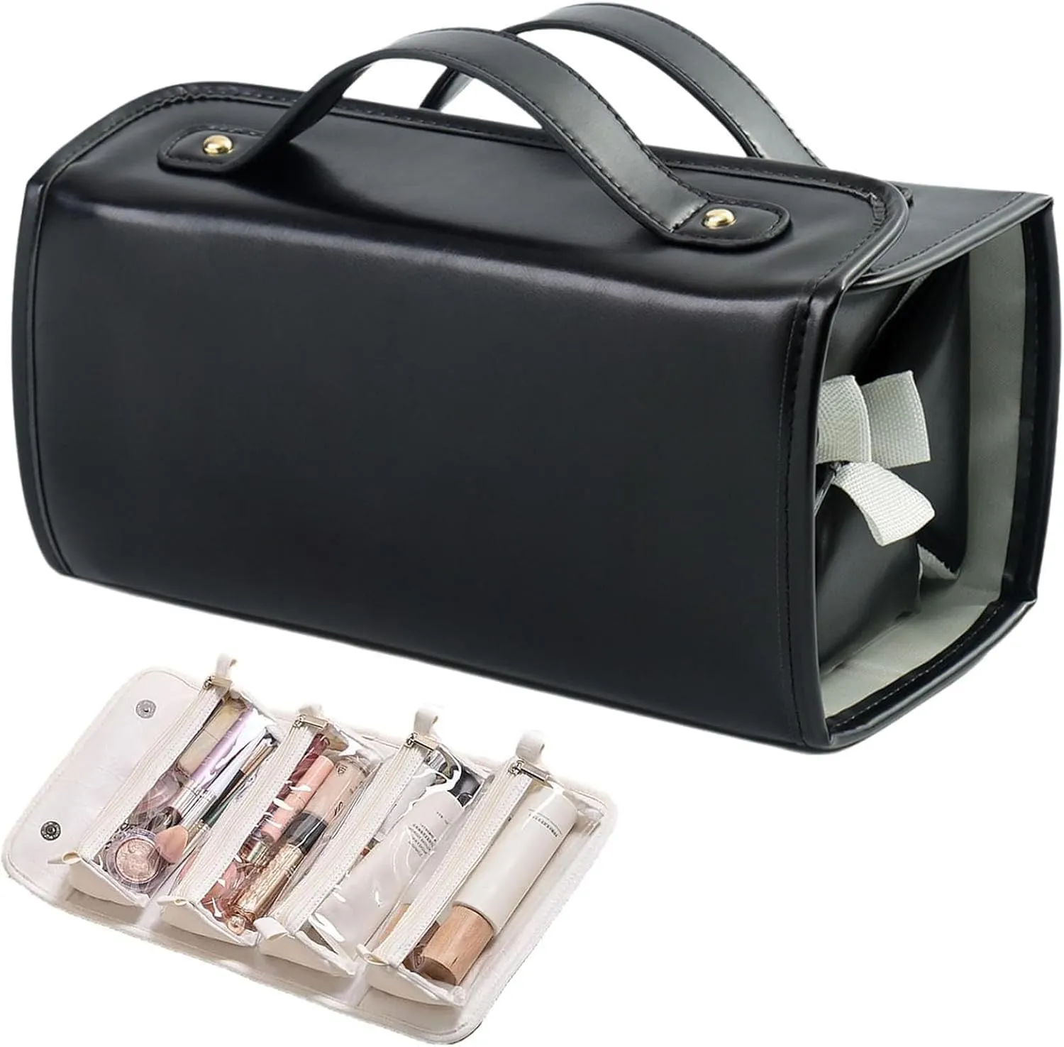 Binozinco Cosmetic Bag,4 in 1 Leather Waterproof Cosmetic Bag,Detachable Clear Multi Compartment Hanging Makeup Bag, Large Capacity Portable Foldable Hanging Cosmetic Travel Bag (Black)