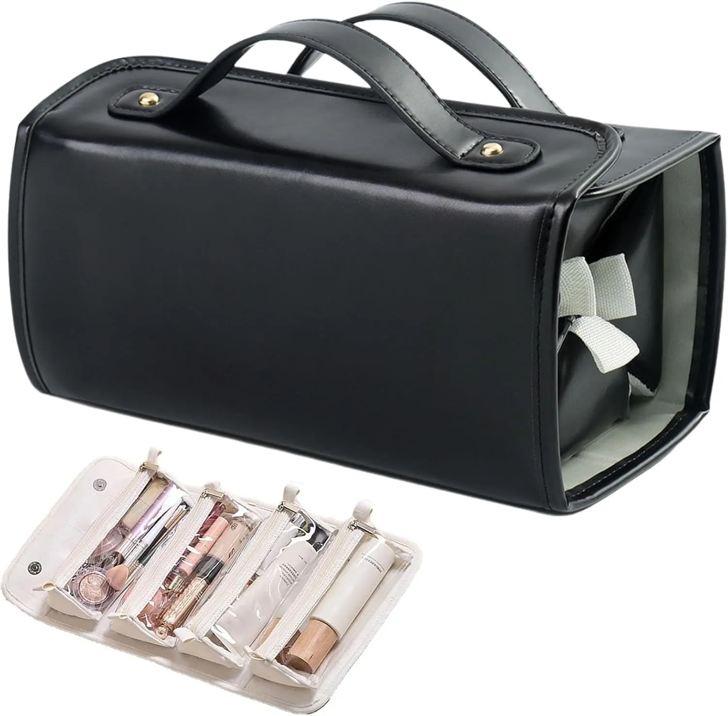 Binozinco Cosmetic Bag,4 in 1 Leather Waterproof Cosmetic Bag,Detachable Clear Multi Compartment Hanging Makeup Bag, Large Capacity Portable Foldable Hanging Cosmetic Travel Bag (Black)