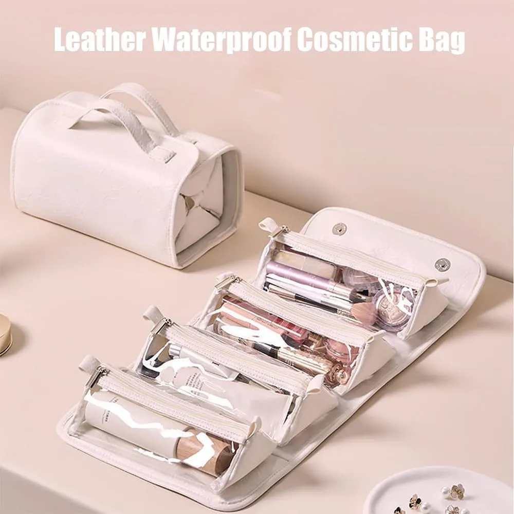 Binozinco Cosmetic Bag,4 in 1 Leather Waterproof Cosmetic Bag,Detachable Clear Multi Compartment Hanging Makeup Bag, Large Capacity Portable Foldable Hanging Cosmetic Travel Bag (Pink)