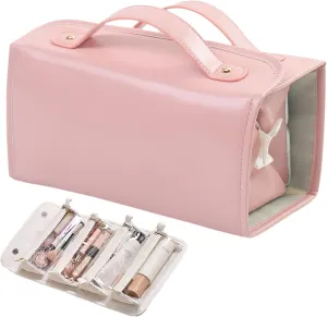 Binozinco Cosmetic Bag,4 in 1 Leather Waterproof Cosmetic Bag,Detachable Clear Multi Compartment Hanging Makeup Bag, Large Capacity Portable Foldable Hanging Cosmetic Travel Bag (Pink)