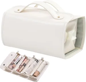 Binozinco Cosmetic Bag,4 in 1 Leather Waterproof Cosmetic Bag,Detachable Clear Multi Compartment Hanging Makeup Bag, Large Capacity Portable Foldable Hanging Cosmetic Travel Bag (White)