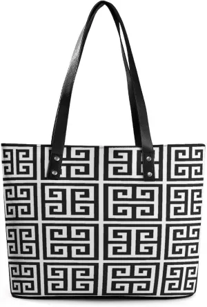 Black And Greek Key Modern Geometric Women Tote Bags Top Handle Satchel Handbags Faux Leather Tassel Shoulder Purse