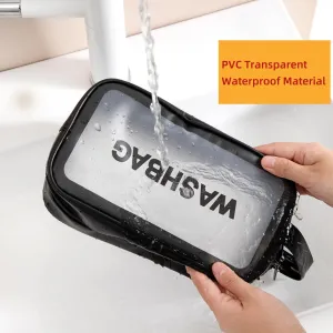 Black Travel Toiletry Bag, Waterproof Makeup Cosmetic Organizer Bag for Women Men, Portable Translucent Storage Wash Bag with Handy Handle for Traveling Bathroom Toiletries Accessories