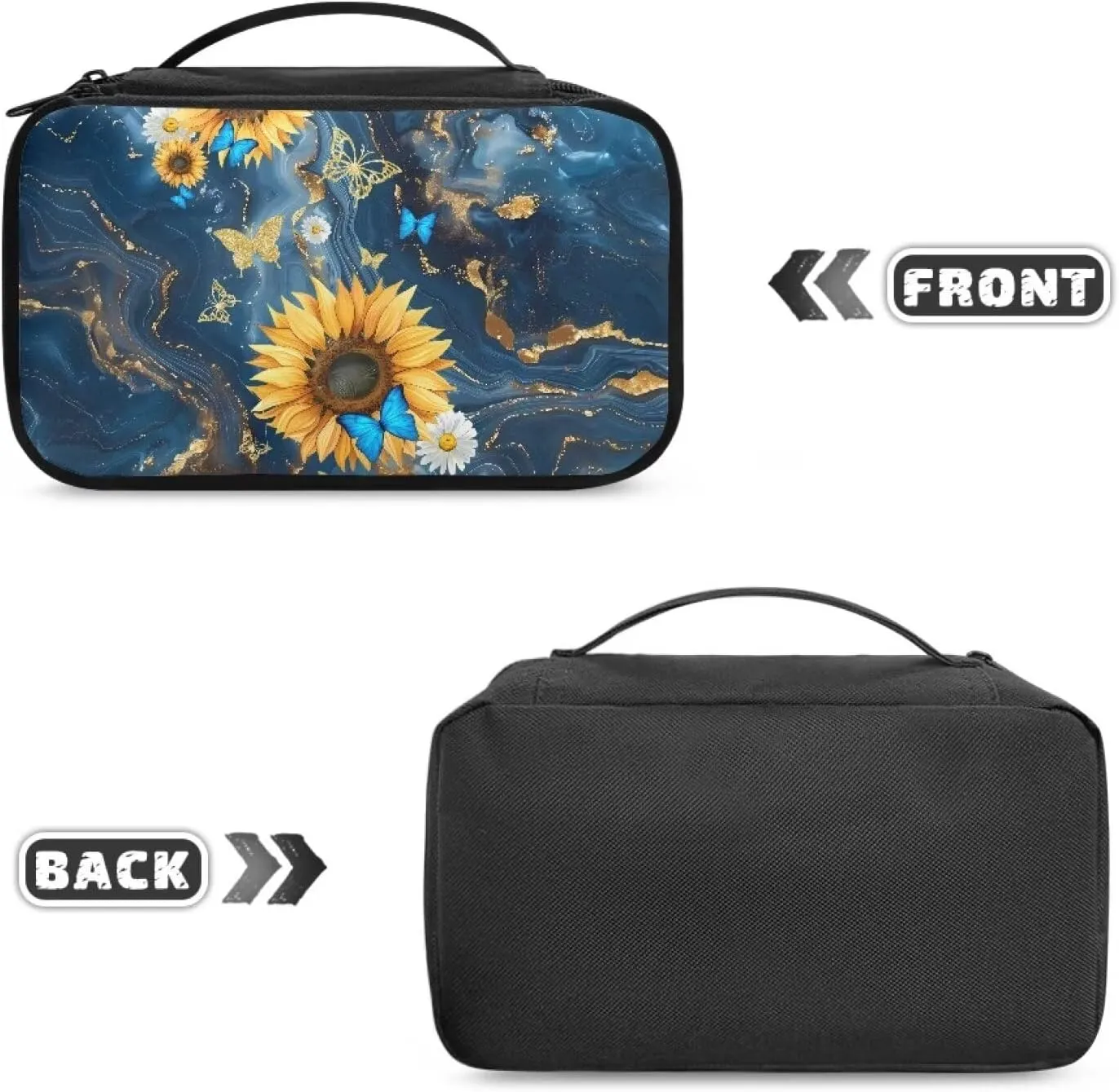 Blue Marble Texture Makeup Bag Sunflower Cosmetic Bags for Women Cute Skincare Bags Aesthetic Makeup Organizer Case Travel Top Handle Lightweight Toiletry Bags for Traveling