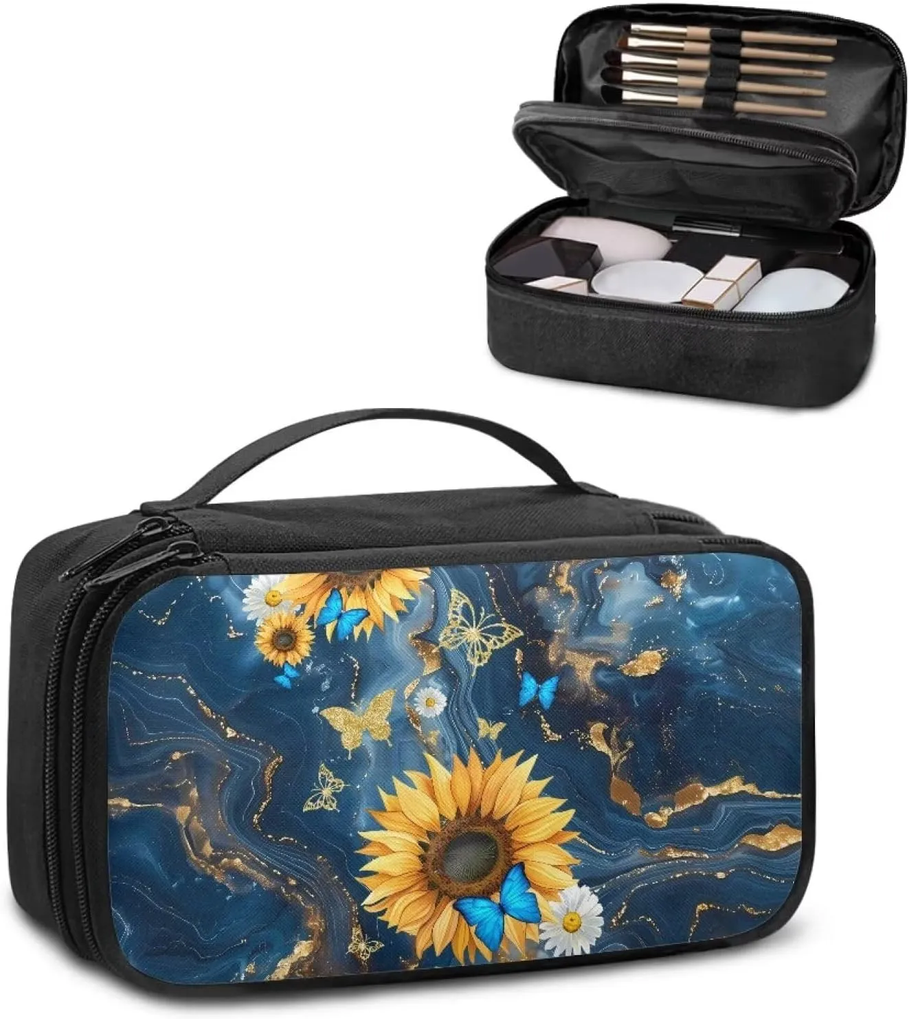 Blue Marble Texture Makeup Bag Sunflower Cosmetic Bags for Women Cute Skincare Bags Aesthetic Makeup Organizer Case Travel Top Handle Lightweight Toiletry Bags for Traveling