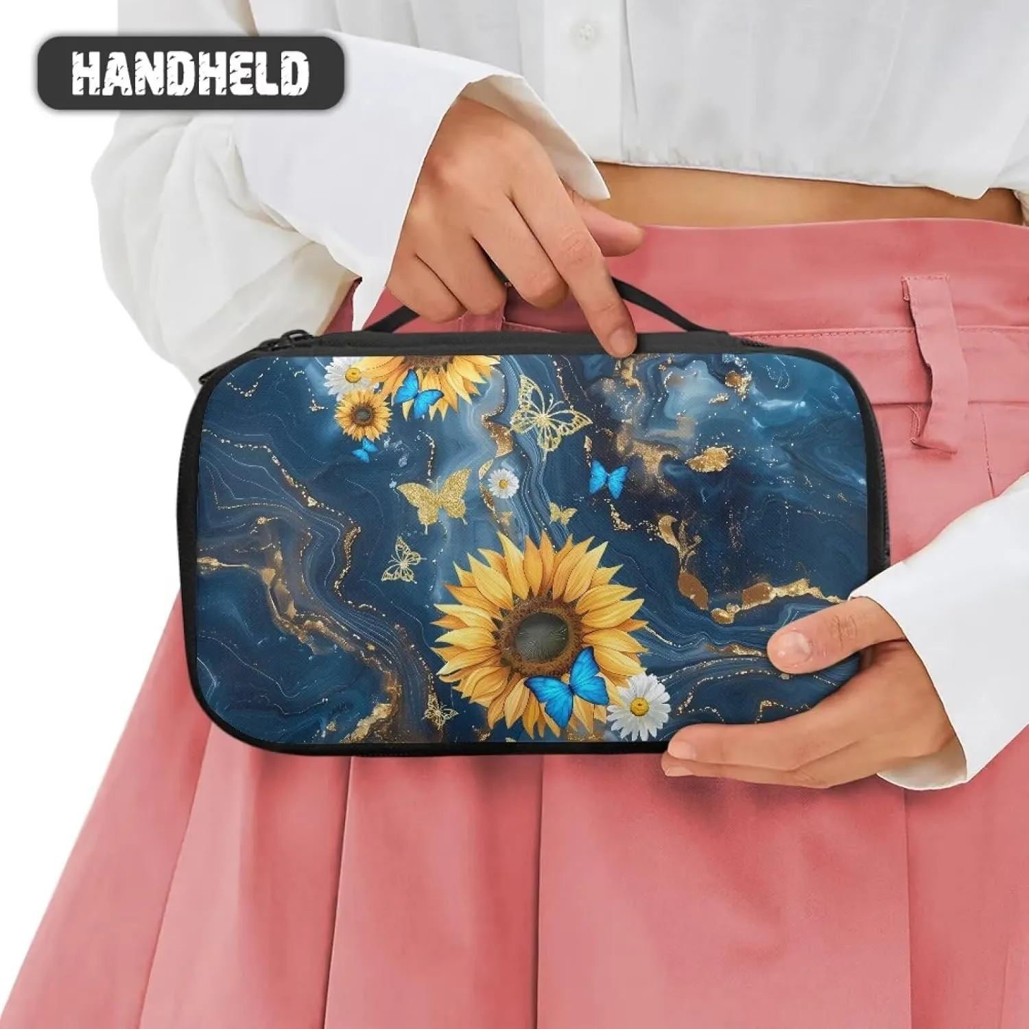 Blue Marble Texture Makeup Bag Sunflower Cosmetic Bags for Women Cute Skincare Bags Aesthetic Makeup Organizer Case Travel Top Handle Lightweight Toiletry Bags for Traveling