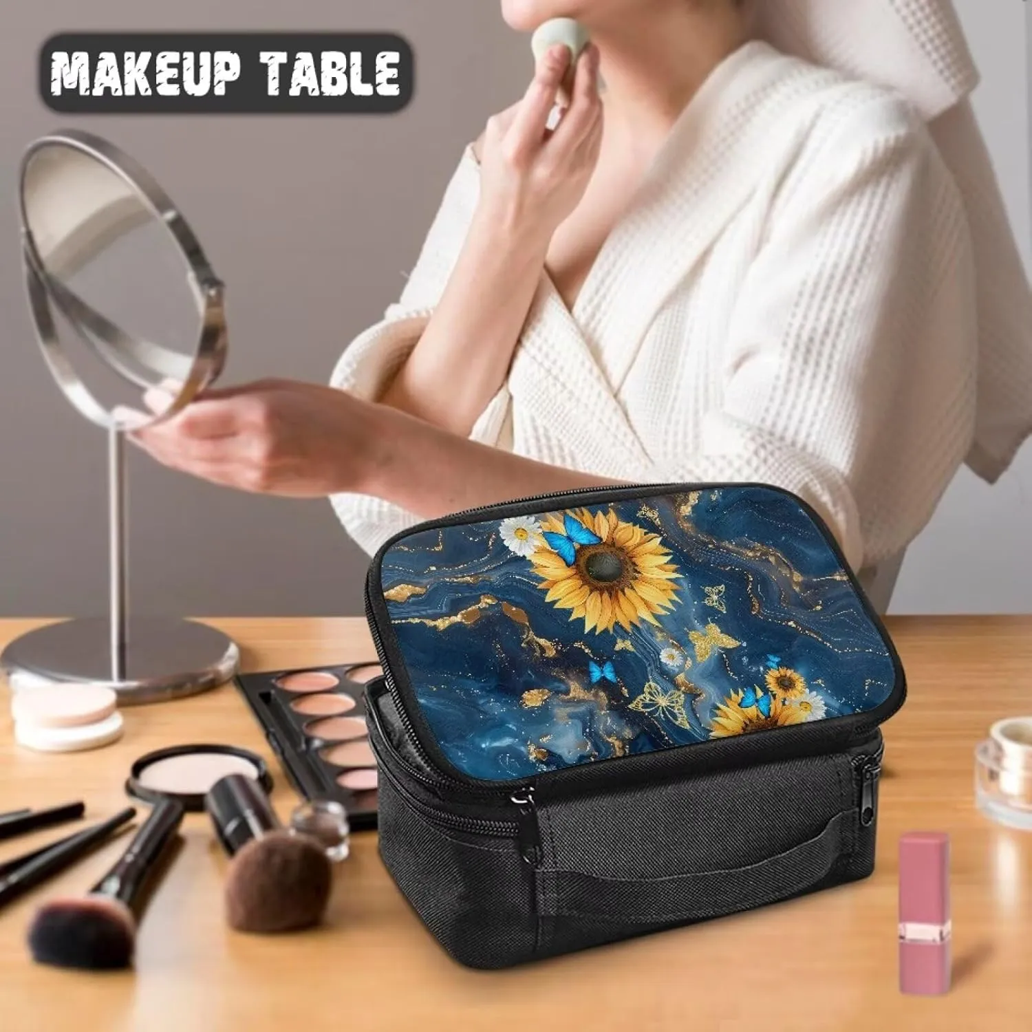 Blue Marble Texture Makeup Bag Sunflower Cosmetic Bags for Women Cute Skincare Bags Aesthetic Makeup Organizer Case Travel Top Handle Lightweight Toiletry Bags for Traveling