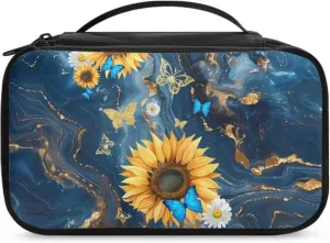 Blue Marble Texture Makeup Bag Sunflower Cosmetic Bags for Women Cute Skincare Bags Aesthetic Makeup Organizer Case Travel Top Handle Lightweight Toiletry Bags for Traveling