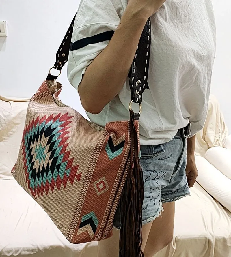 Bohemian Wave Colors Beach Wayuu Tote Mochila Canvas Bags