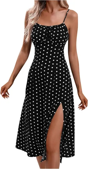 Boho Dresses for Women 2024 Milkmaid Sundress Spaghetti Strap Polka Dot Print Split Side Midi Dress Summer Beach Dress
